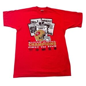 90s San Francisco 49ers Super Bowl Champions First to Five Mens Red T Shirt XL